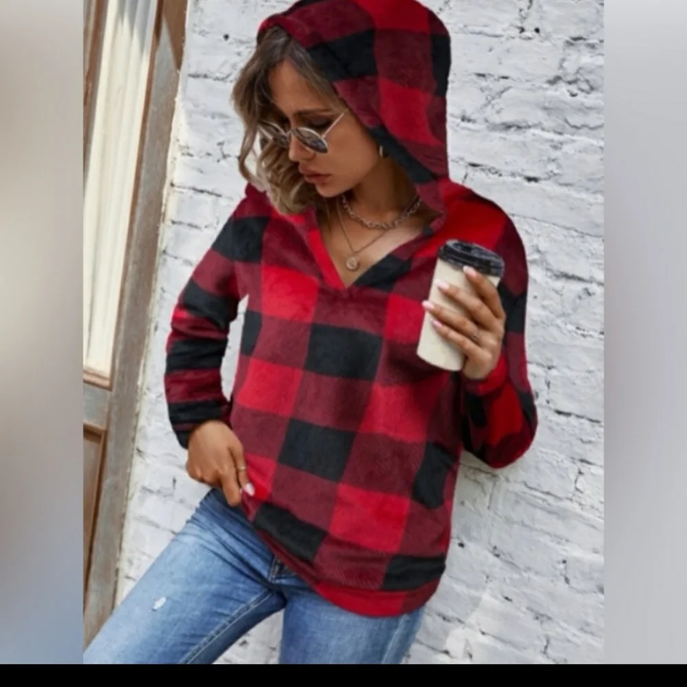 Buffalo Plaid Flannel Hoodie Top - Picture 5 of 6
